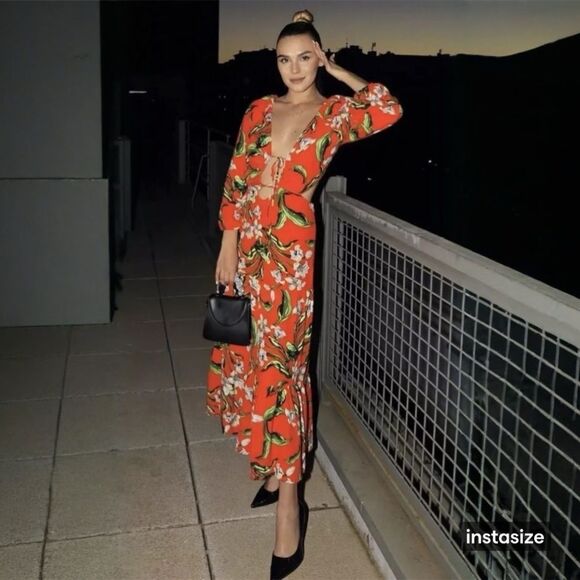 NWT Zara Orange Floral Tropical Maxi Dress Tiered Ruffle Cut Outs XS - Picture 2 of 11